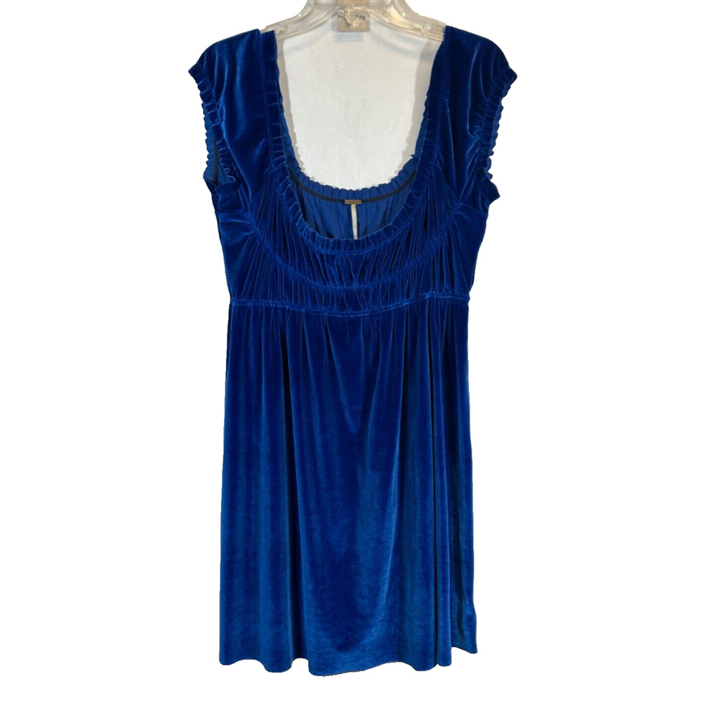 FREE PEOPLE XS Smocked Blue Velvet Mini Dress Tie Neck Short Cap Sleeve C28